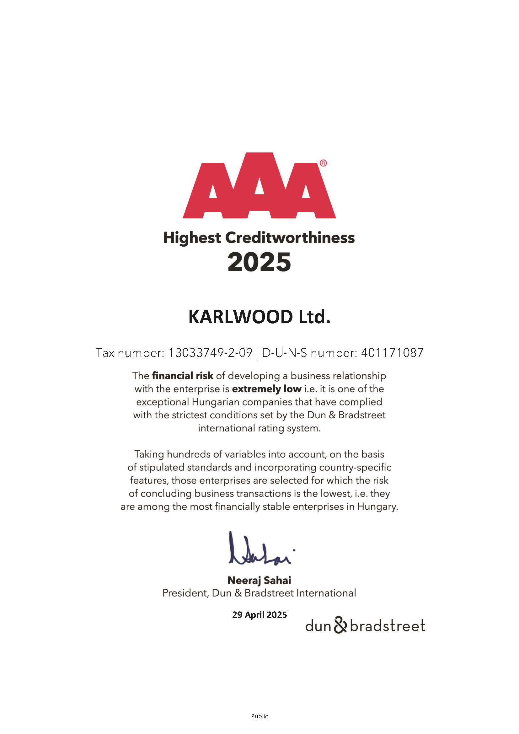 KARLWOOD Certificate